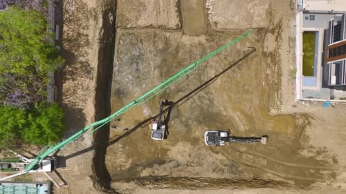 Aerial View First Steps Heavy Machinery Pours Concrete Foundations