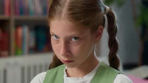 Upset Offended Stressed Caucasian Little Girl School Child Kid Schoolgirl Teenage Learner Student