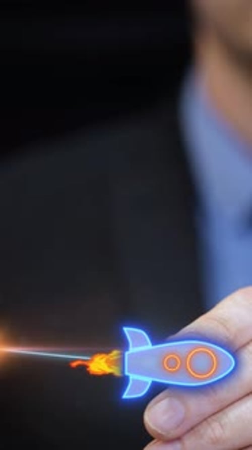 Neon Rocket Launch: Upward Trend Illustration with Man