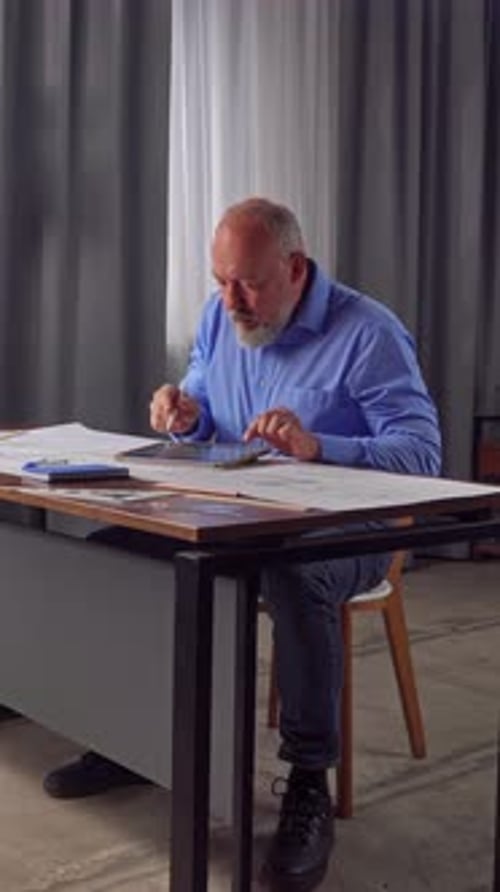 An Architect Sits in an Office at a Desk with Blueprints