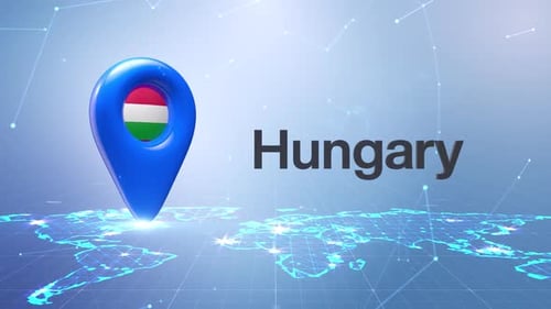 Hungary Flag Location Pin Drop on Digital World Map