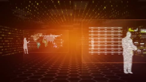 La cámara se mueve a través de un túnel binario con siluetas de empresarios en su interior