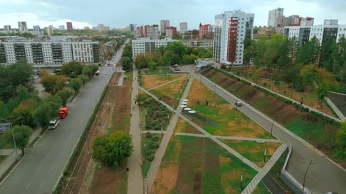 Top View of Park Alley in Residential Area of City Clip View of City with Residential Buildings and