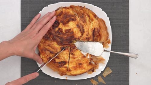 Slicing Delicious Golden Baked Pie Overhead Flatlay