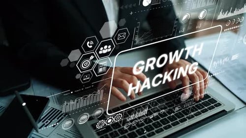 Woman Typing on Laptop with Digital Growth Graphics