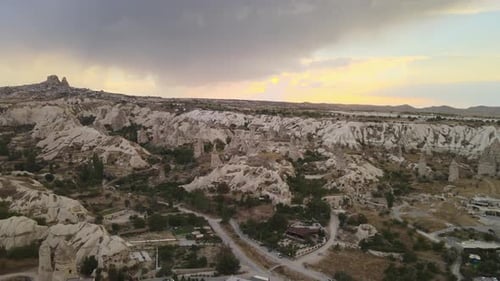 Aerial View of Cappadocia's Unique Rock Landscape at Sunset