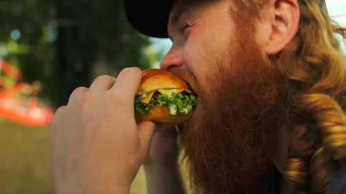 Hungry bearded man eating burger in city cafe close up, curly guy in cap biting fresh cheeseburger