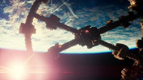 Futuristic Space Station Orbiting Earth with Sun Flares