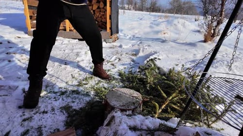 Lumberjack Splitting Logs in Snow
