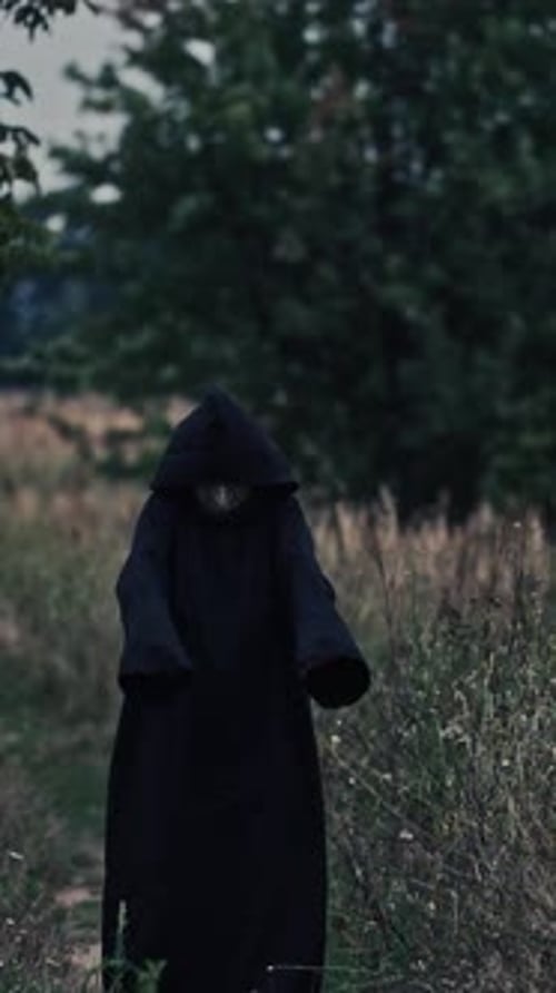 Dark figure in black robe with hood among nature.