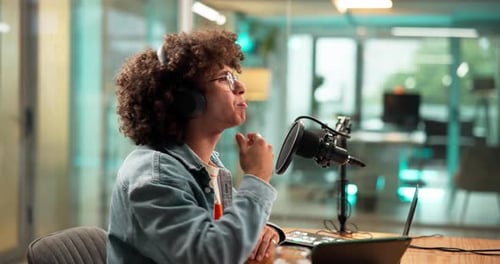 Radio, talking or man with mic, live stream or hosting for advice on website