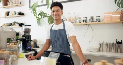 Cafe, portrait of barista and apron with smile for coffee preparation, serving