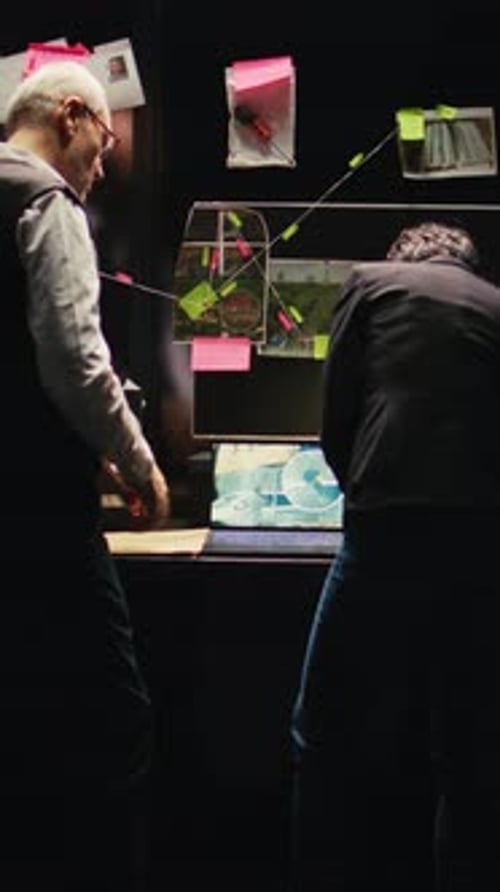 Adults Discuss Crime Investigation Evidence in Dark Room