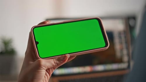 Businesswoman Browsing App Chromakey Cellphone in Office Closeup Unknown Hands