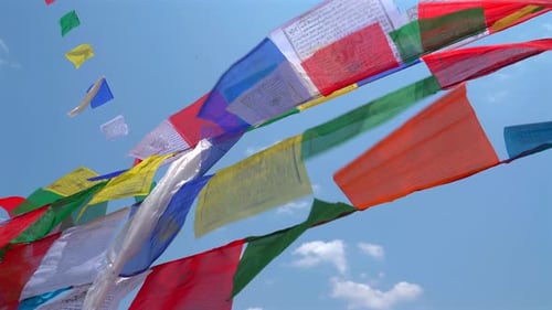 Colorful Buddhist prayer flags fluttering in the wind under blue sky, Nepal