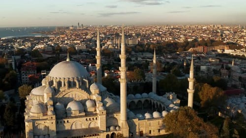 Aerial view of Istanbul and Suleymaniye Mosque during Sunset in Turkey - drone shot