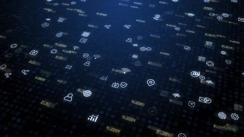 Animated Digital Technology Background with Flowing Data Icons