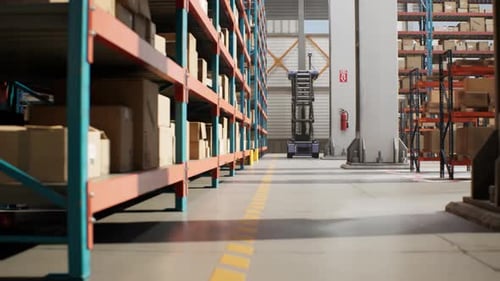 Unmanned AGV Robots Transporting Cardboard Boxes Parcels in Logistics Distribution Center