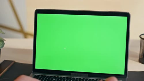 Businessman Using Green Screen Laptop in Company Office Closeup Manager Working