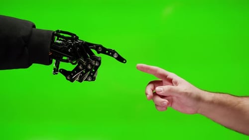Human and Robot Handshake Artificial Intelligence AI Design Creation Hands Man with Mechanical Arm