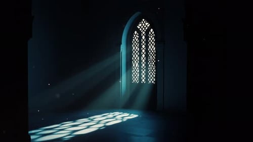 Atmospheric Light Rays Through Ornate Gothic Window