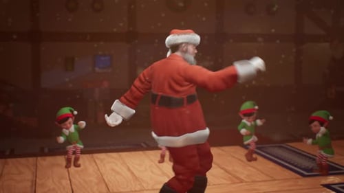 Santa Claus Dancing in a Festive Christmas Workshop with Elves Circling in Joyful New Year Party 7