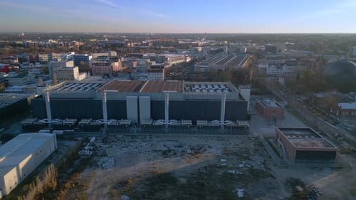 Ai datacenter building housing server infrastructure. Best aerial view drone
