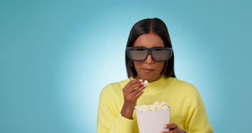 Popcorn, 3d or woman in studio for movie with snack for watching tv or film on blue background
