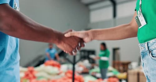 People, volunteer and support with handshake for charity, help or assistance at NGO warehouse