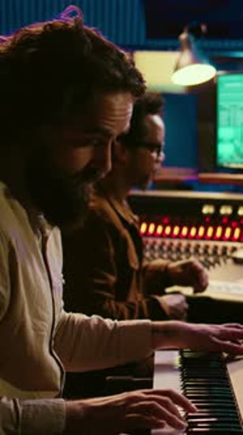 Vertical Video Talented Artist Performing in Control Room at Studio and Recording Music