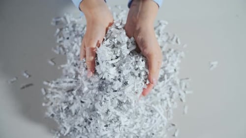 Shredded Paper Office Documents in Worker Woman Hands Top Down View