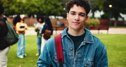 University, outdoor and face of man on campus with smile for learning, knowledge and studying