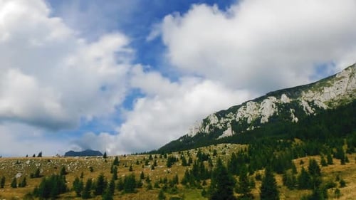 Timelapse of clouds passing over a meadow, a pine forest, and a mountain cliff