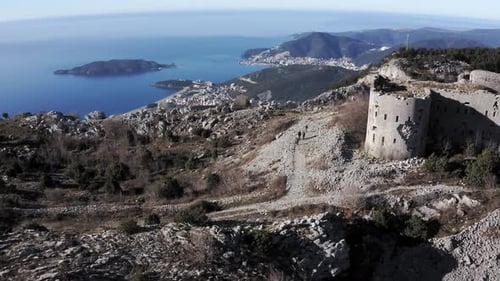 AERIAL - Fort Kosmac and the Adriatic Sea, Montenegro, pan right