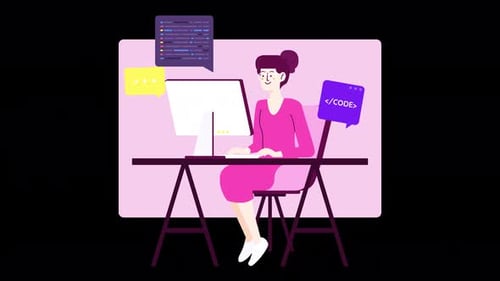 femme au bureau travaillant et programmant, création d'algorithmes, animation 4k