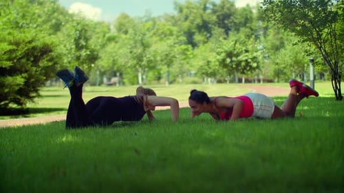 Fitness women doing push ups exercise on green grass at the park outdoor