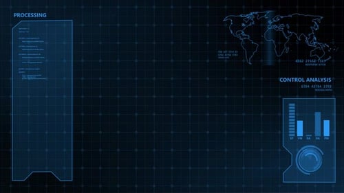 Futuristic HUD Interface with Data Processing and World Map