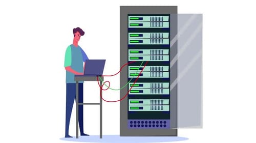 2D Engineer Working On Computer Server Rack Switchboard