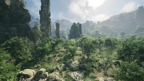A Serene Forest Landscape with Towering Trees and Ancient Rocks