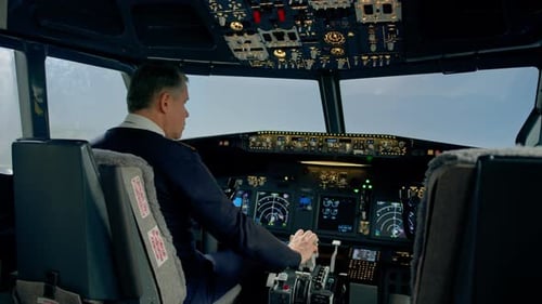 pilot pressing the gas pedal in the cockpit of a jet plane during a flight or flight simulator