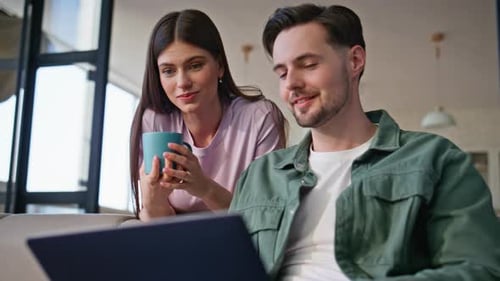 Home Pair Looking Laptop at Studio Closeup Couple Choosing Goods in Internet
