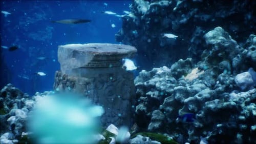 Submerged Ruins of Ancient Temple or City Adorned with Marine Flora and Fauna