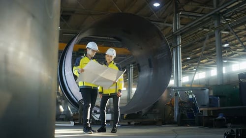 Male and Female Industrial Engineers Look at Project Blueprints While Standing Surround By Pipeline