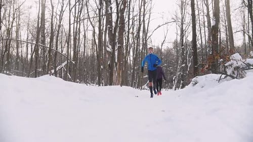 Young Man and Woman Synchronously Running in Winter Forest Morning