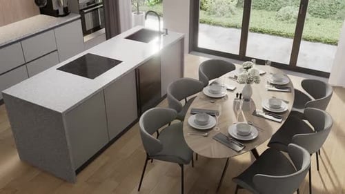 Kitchen-dining room, room in a modern minimalist style. Open space. 3D rendering.