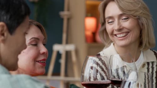 Femmes matures qui tintent des verres et boivent du vin