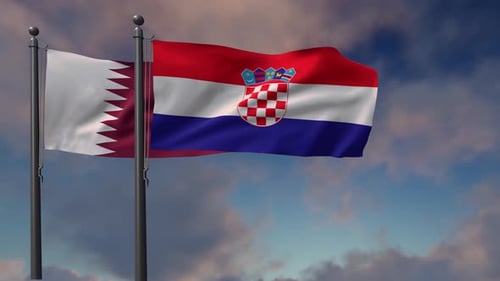 Realistic Qatar and Croatia Flags Waving in Cloudy Sky