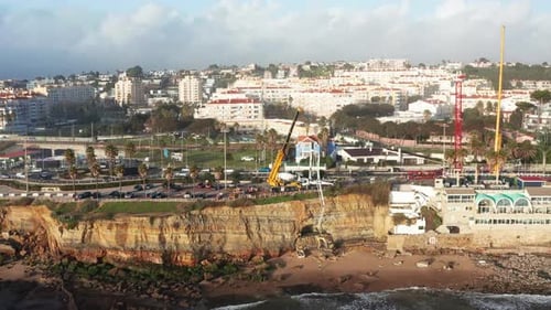 Aerial View of Shoreline Stabilization with Construction Vehicles