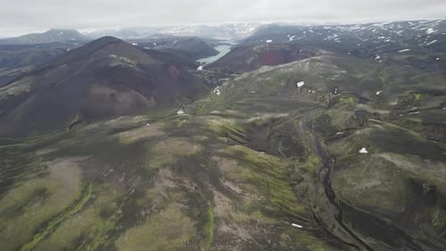 Aerial view of highlands landscape with mountains in Iceland.