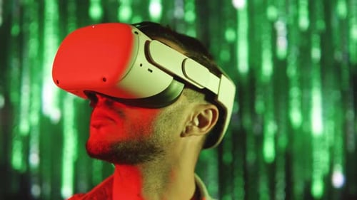 Man Experiencing Virtual Reality Headset in Digital World